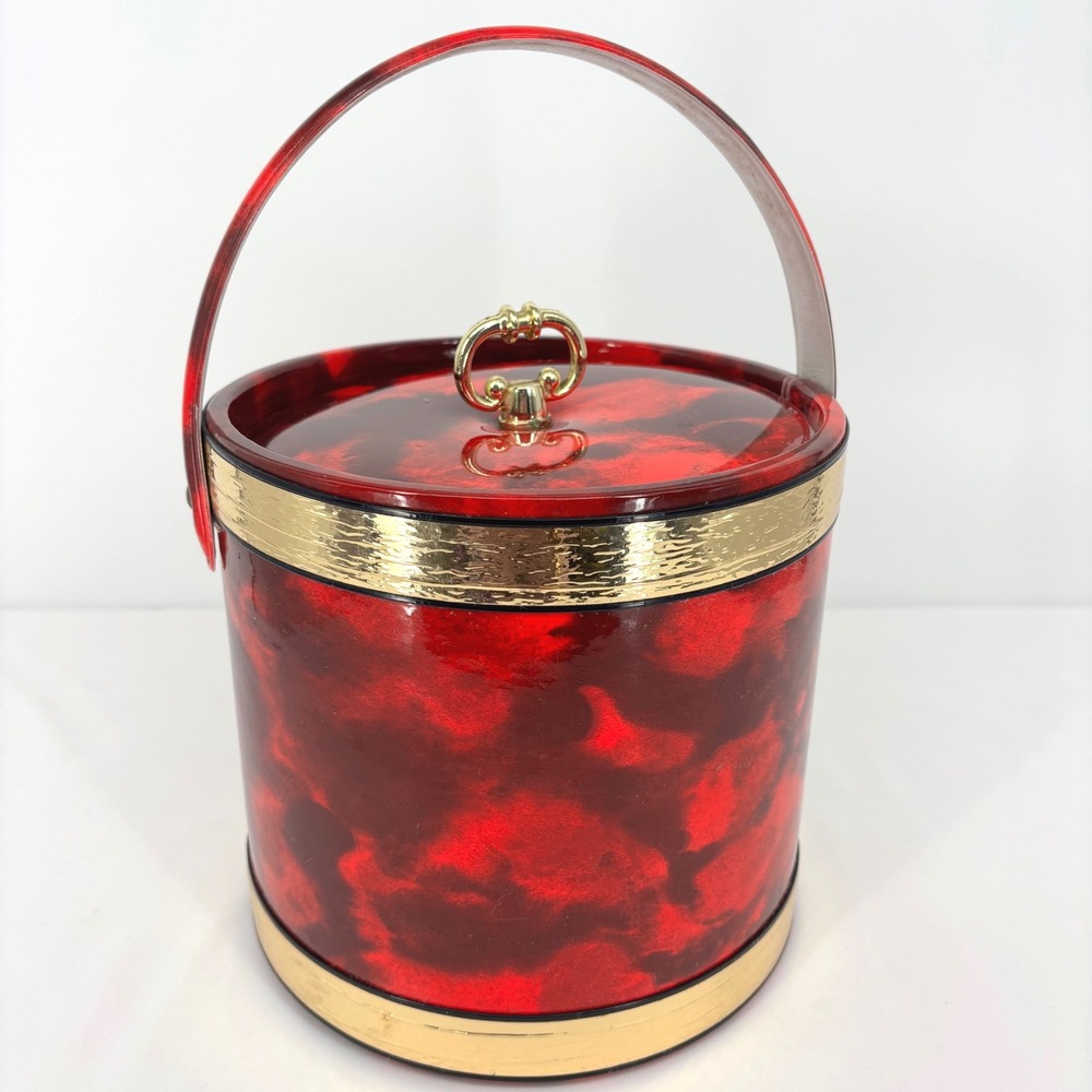 Vintage Mid Century Modern Red Tortoiseshell Ice Bucket Gold Trim MCM Barware